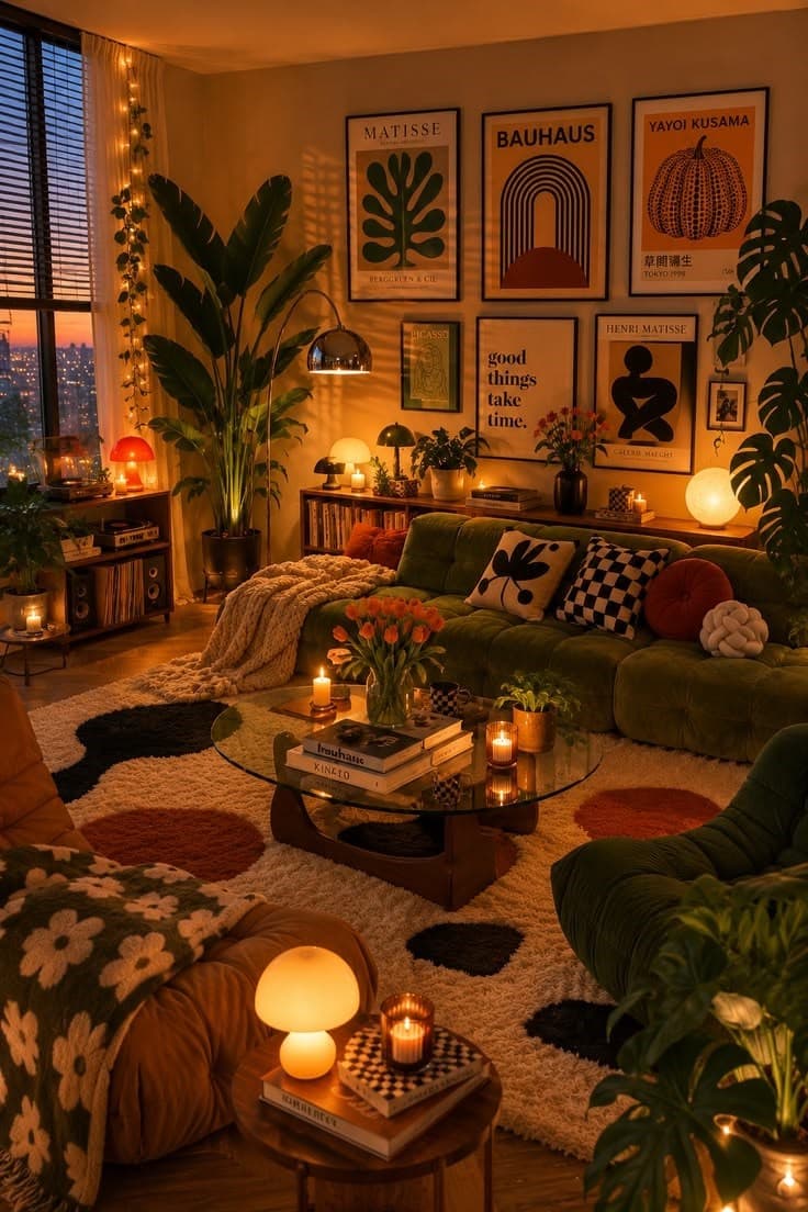 Lamplit living room with a green sofa
