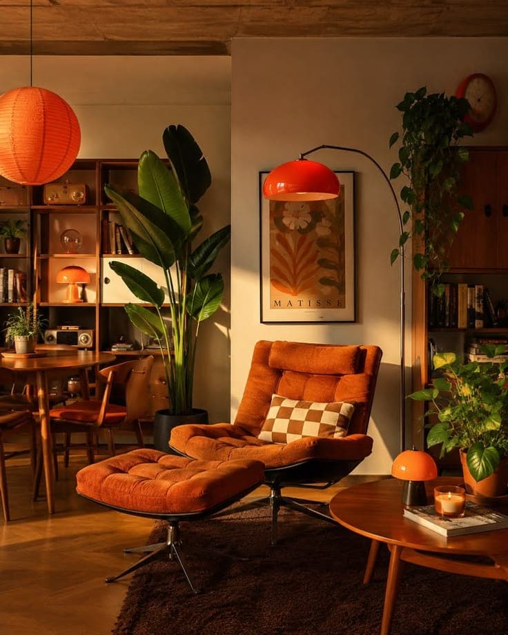 Lamplit living room with an orange lounge chair