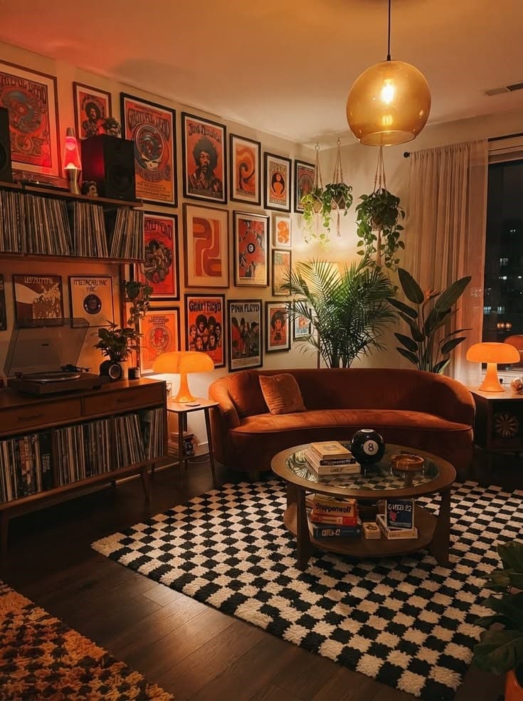 Lamplit living room with a burnt orange velvet sofa