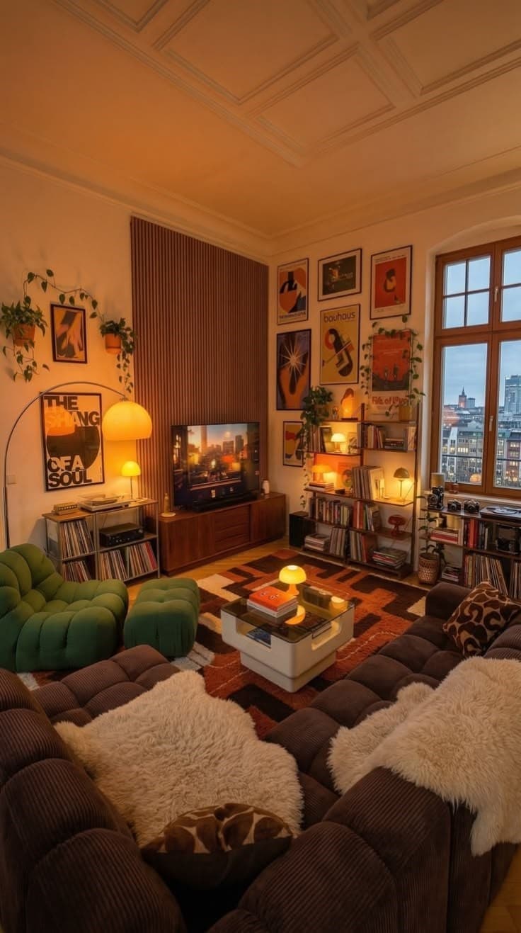 Lamplit living room with a brown sectional sofa